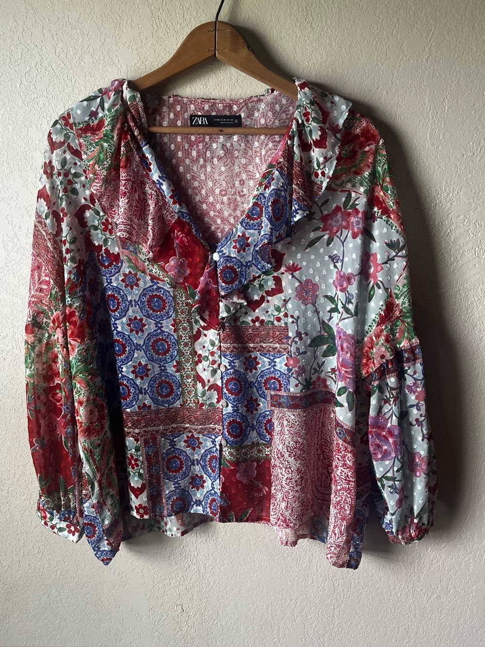 ZARA  Floral Patchwork V-Neck Blouse